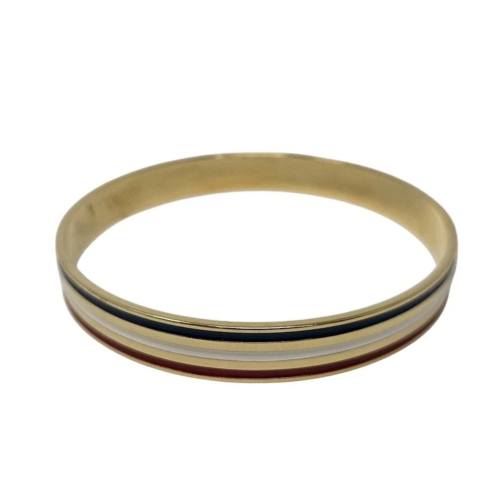VINTAGE Red White &‎ Blue Enameled Gold Tone Metal Bangle Bracelet